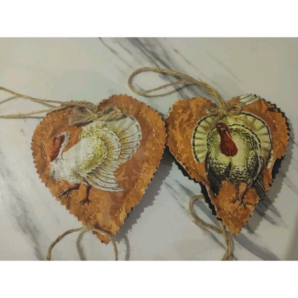 Christmas Ornaments  Handmade Gift  Primitive Cottage Turkey Heart - Set of 4 - Picture 2 of 3